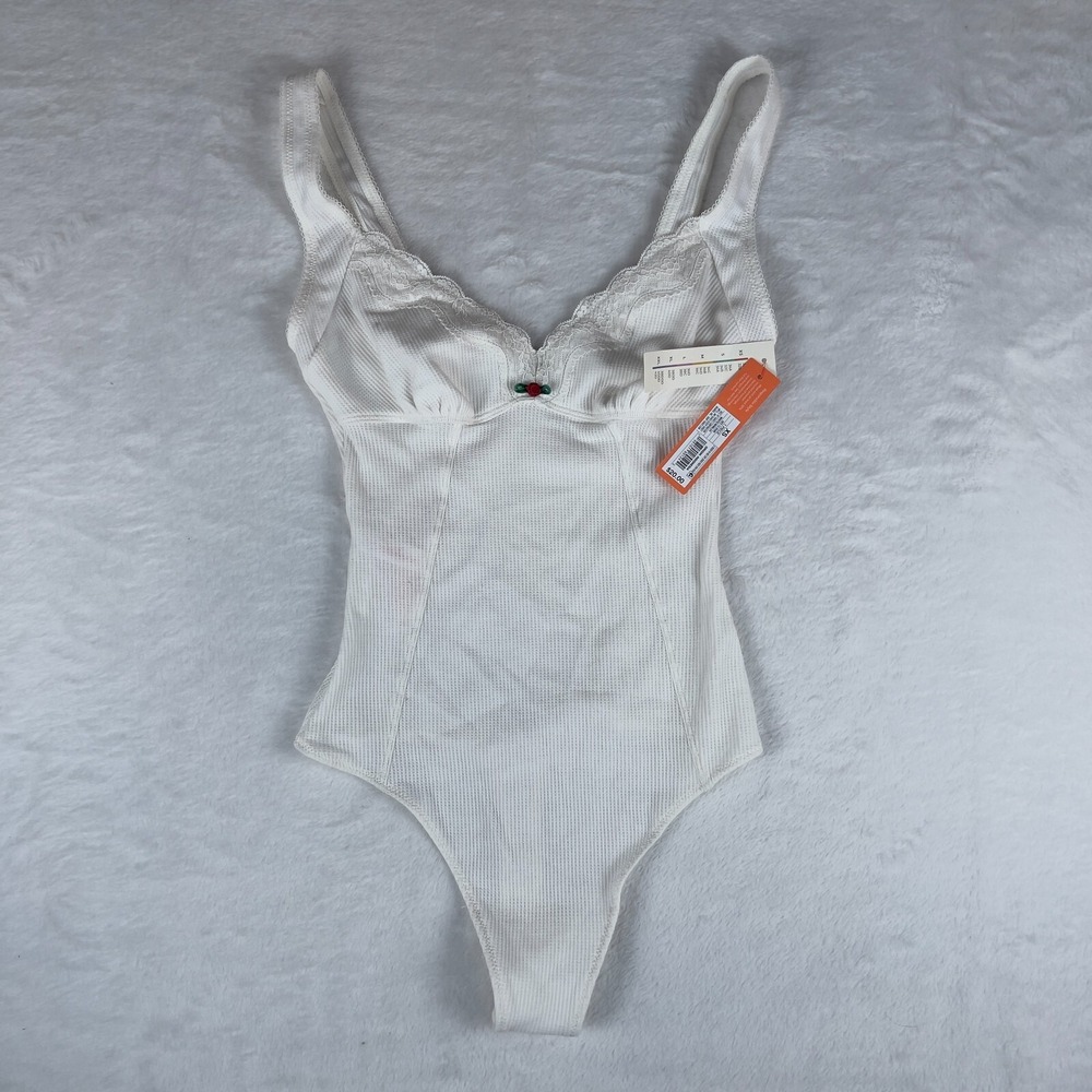 Colsie One Piece Waffle Bodysuit Women's XS White Stretch Lace V Neck Wide Strap